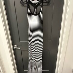 Pink Rose Black and White Striped Maxi Dress
